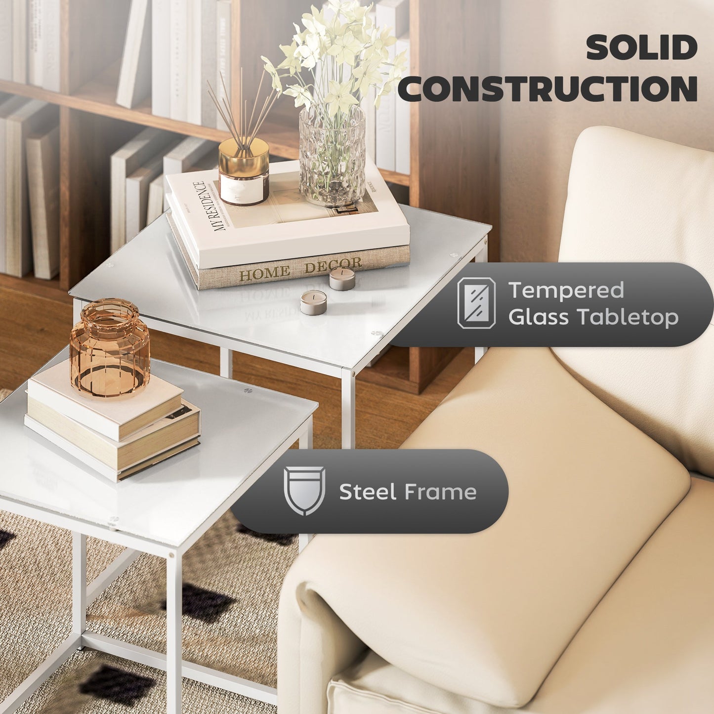 Zestaw stolików HOMCOM Nest of Tables, zestaw 2 stolików kawowych, stolików bocznych z blatem ze szkła hartowanego i metalową ramą do salonu, sypialni, biura, biały