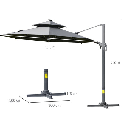 Outsunny 3m Cantilever Parasol w/ Solar Lights Power Bank Cross Base Adjustable Canopy 360° Spin Outdoor Garden Umbrella 2-Tier Roof Sun Shade Grey