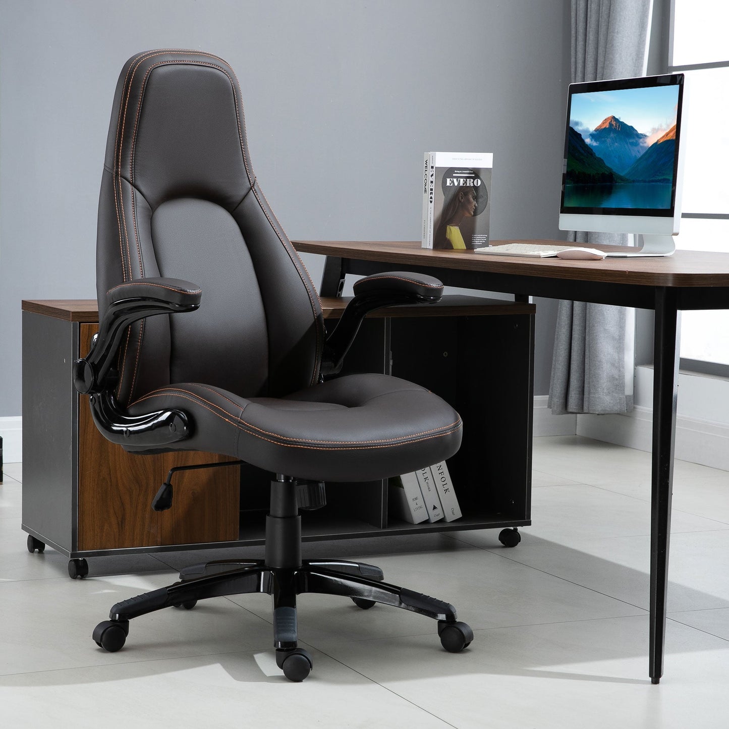 Vinsetto PU Leather Office Chair, Swivel Computer Desk Chair with Adjustable Height, Flip Up Armrests and Tilt Function, Dark Brown