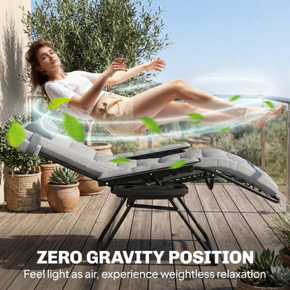 Outsunny Zero Gravity Chair, Folding Sun Lounger Reclining Garden Chair with Arm Pads, Cushion, Cup Holder, Headrest, Light Grey