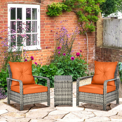 Outsunny 3 pcs PE Rattan Wicker Garden Furniture Patio Bistro Set Weave Conservatory Sofa Storage Table and Chairs Set Orange Cushion, Mixed Grey