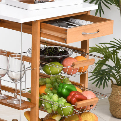 Rolling Kitchen Cart, Utility Storage Cart with 4 Basket Drawers & Side Racks, Wheels for Dining Room, Brown