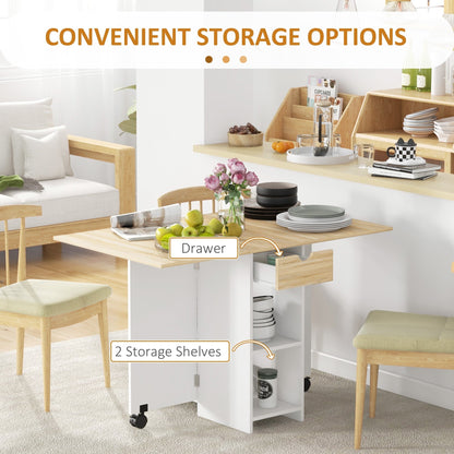 HOMCOM Folding Dining Table, Drop Leaf Table for Small Spaces, Foldable Table with Drawer and Storage Shelves for Kitchen, Dining Room, Oak