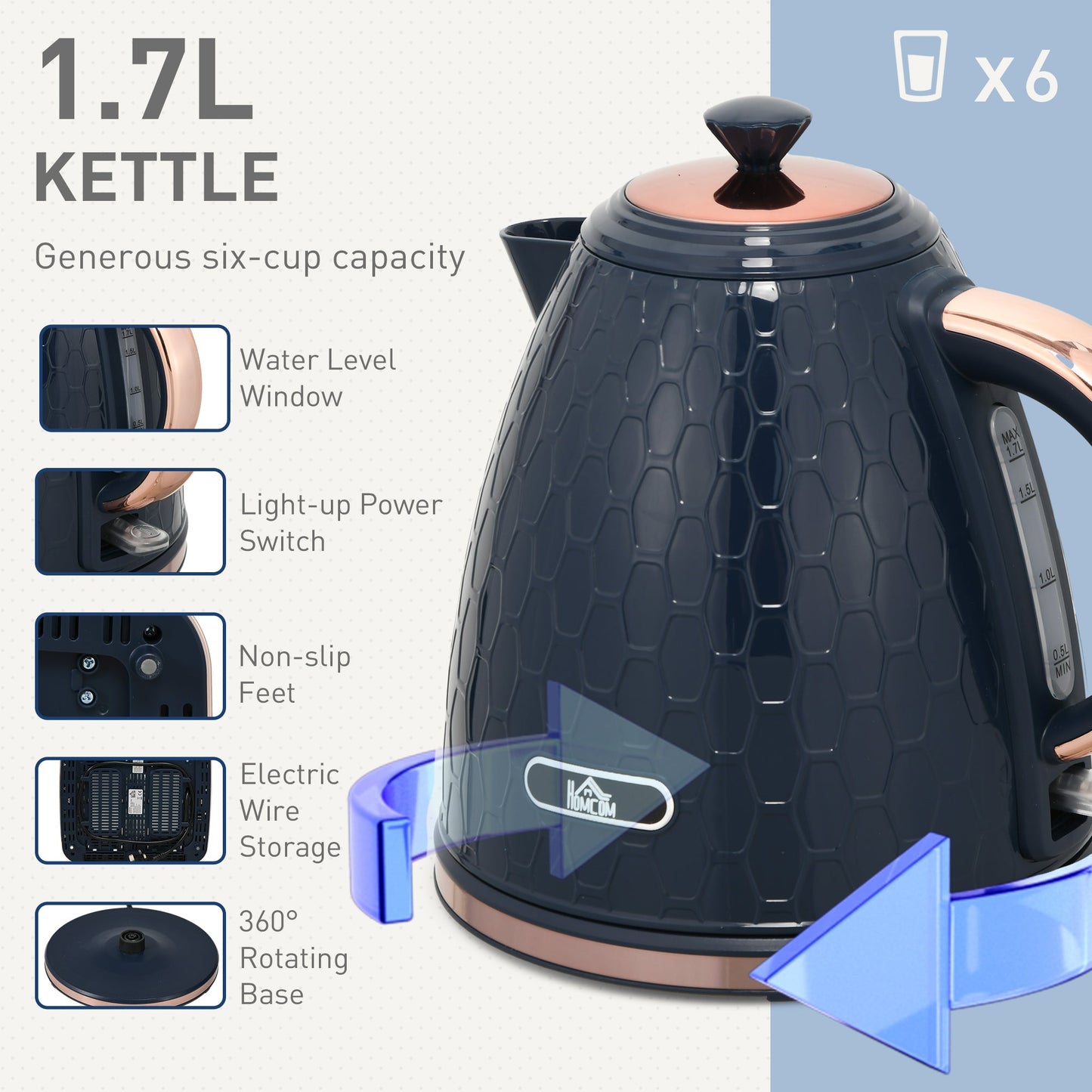 HOMCOM Kettle and Toaster Set, 1.7L 3000W Fast Boil Jug Kettle with Auto Shut Off, 4 Slice Toaster with 7 Level Browning Controls & Crumb Tray, UK Otter Thermostat, Blue