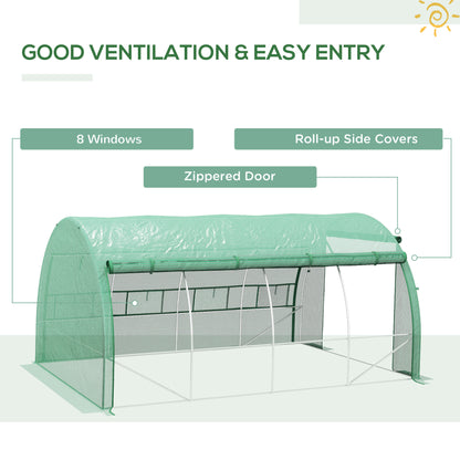 Outsunny Polytunnel Greenhouse Walk-in Grow House Tent z rolowanymi ścianami bocznymi, drzwiami zamykanymi na zamek błyskawiczny i 8 oknami, 4x3x2m, zielony