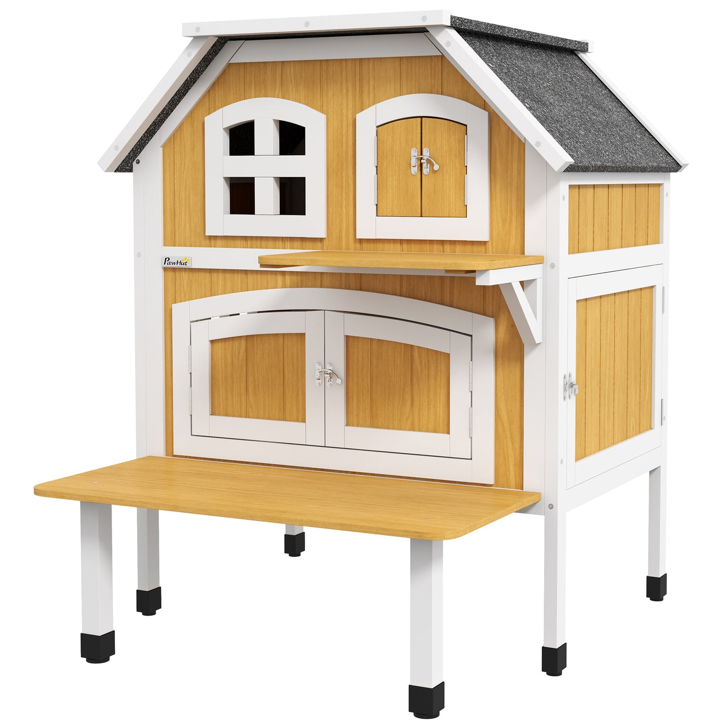 PawHut Outdoor Cat Shelter 2 Tiers Wooden Feral Cat House with Openable Asphalt Roof, Escape Doors, Terrace, for 1-2 Cats