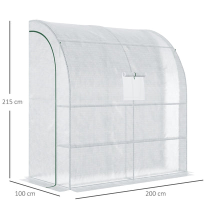 Szklarnia Outsunny Walk-In Lean to Wall z oknami i drzwiami 2 poziomy 4 półki druciane 200L x 100W x 215Hcm biała