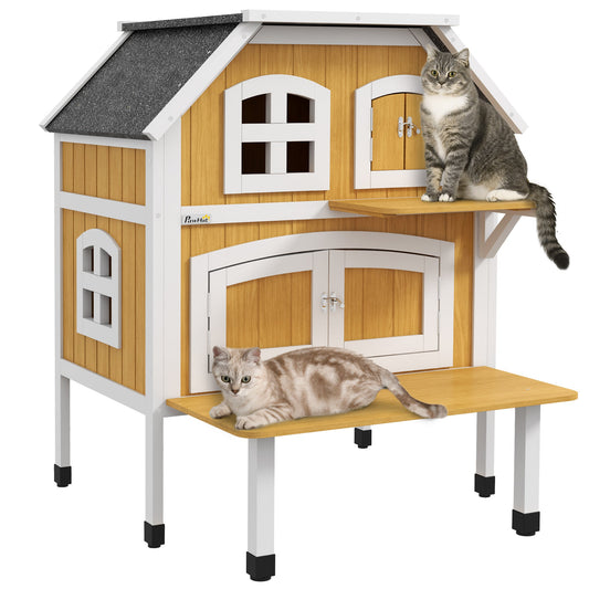 PawHut Outdoor Cat Shelter 2 Tiers Drewniany domek dla dzikich kotów z otwieranym dachem asfaltowym, drzwiami ewakuacyjnymi, tarasem, dla 1-2 kotów
