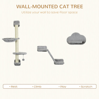 PawHut Three-Piece Wall-Mounted Cat Shelves, with Hammock, Ladder, Platforms, Scratching Post - Grey