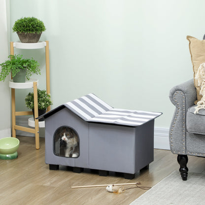 PawHut Outdoor Cat House, Weather Resistant Feral Cat Cave with Elevated Base and Cushion for Winter, Grey