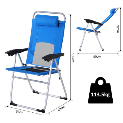 Outsunny Folding Camping Chair, Patio Armchair, 3-Position Adjustable Recliner Reclining Seat with Pillow for Outdoor Garden - Blue