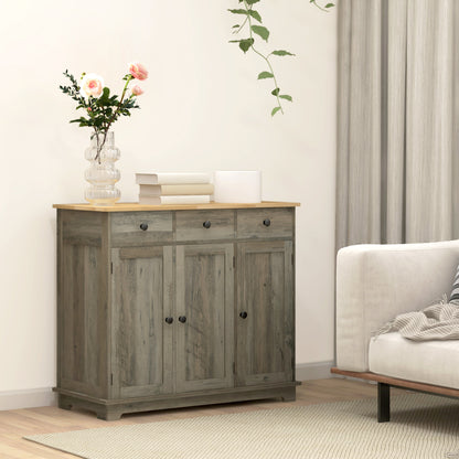 HOMCOM Sideboard with Rubber Wood Top, Modern Storage Cabinet, Kitchen Cupboard with 3 Doors, 3 Drawers and 3 Adjustable Shelves for Dining Room, Living Room, Grey Wood-Effect