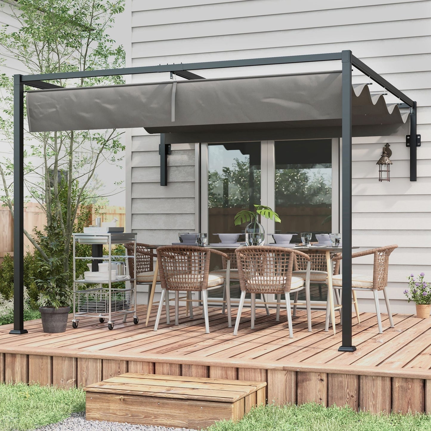 2 x 3(m) Lean To Pergola, Metal Pergola with Retractable Roof for Grill, Garden, Patio, Deck