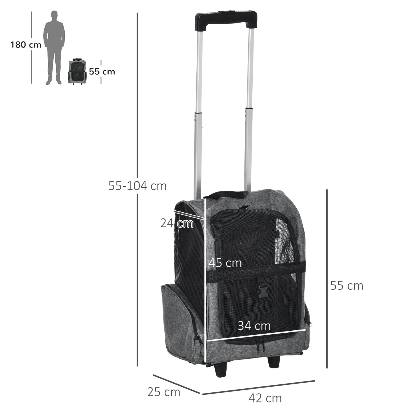 PawHut Travel Bag for Dogs Pet Carry Backpack w/ Trolley and Telescopic Handle Portable Stroller Wheel Luggage Bag, Grey