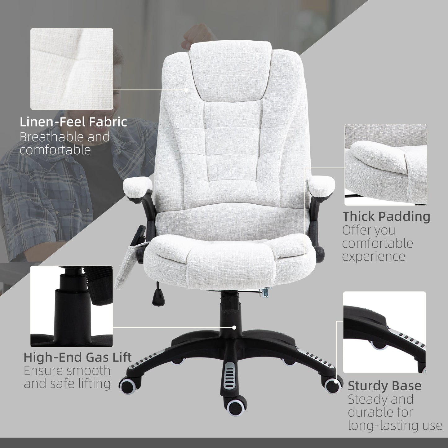 Vinsetto Massage Recliner Chair Heated Office Chair with Six Massage Points Linen-Feel Fabric 360¡ Swivel Wheels Cream White