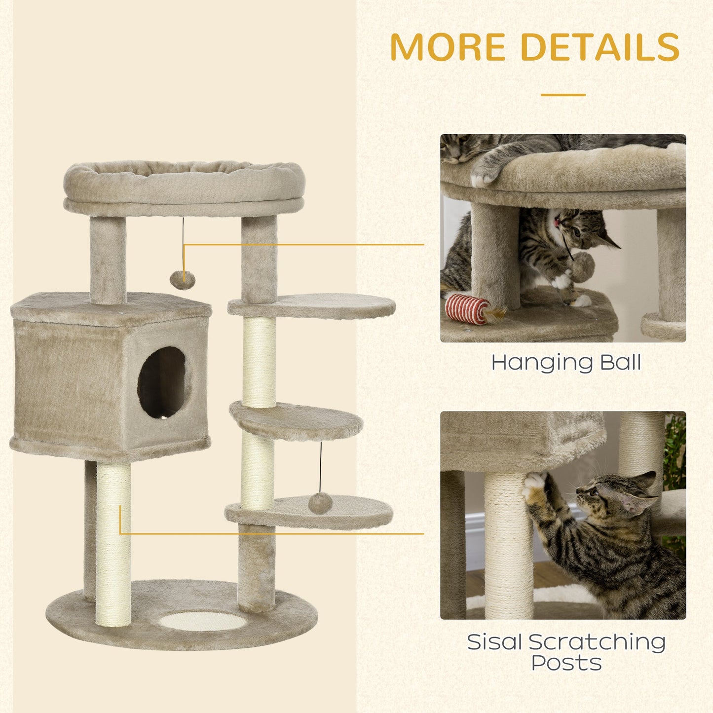 PawHut Cat Tree w/ Multiple Levels, Cat House, Bed and Toy Ball - Brown