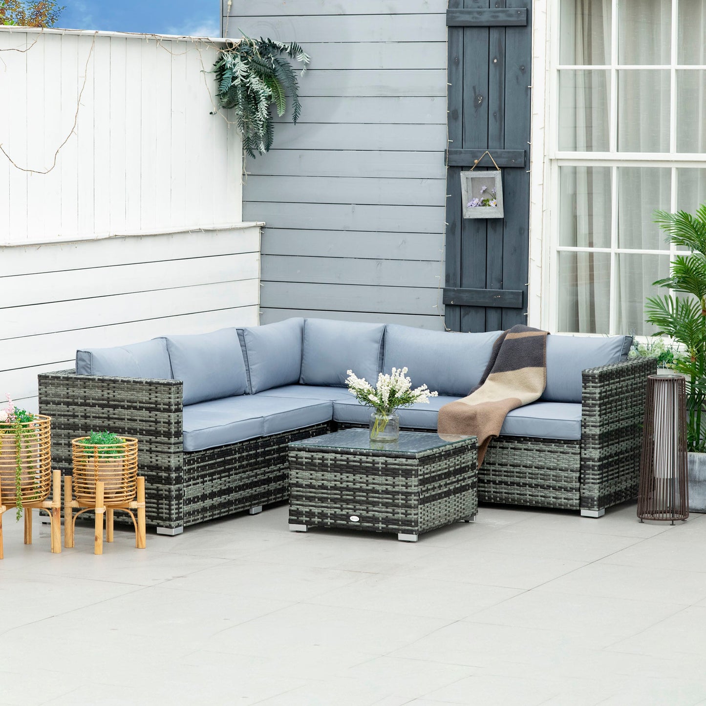 Outsunny 4 Pieces Rattan Garden Furniture Set, Wicker Outdoor Furniture with Corner Sofa Loveseat Coffee Table Cushions, Conservatory Furniture Set for Patio Poolside, Grey