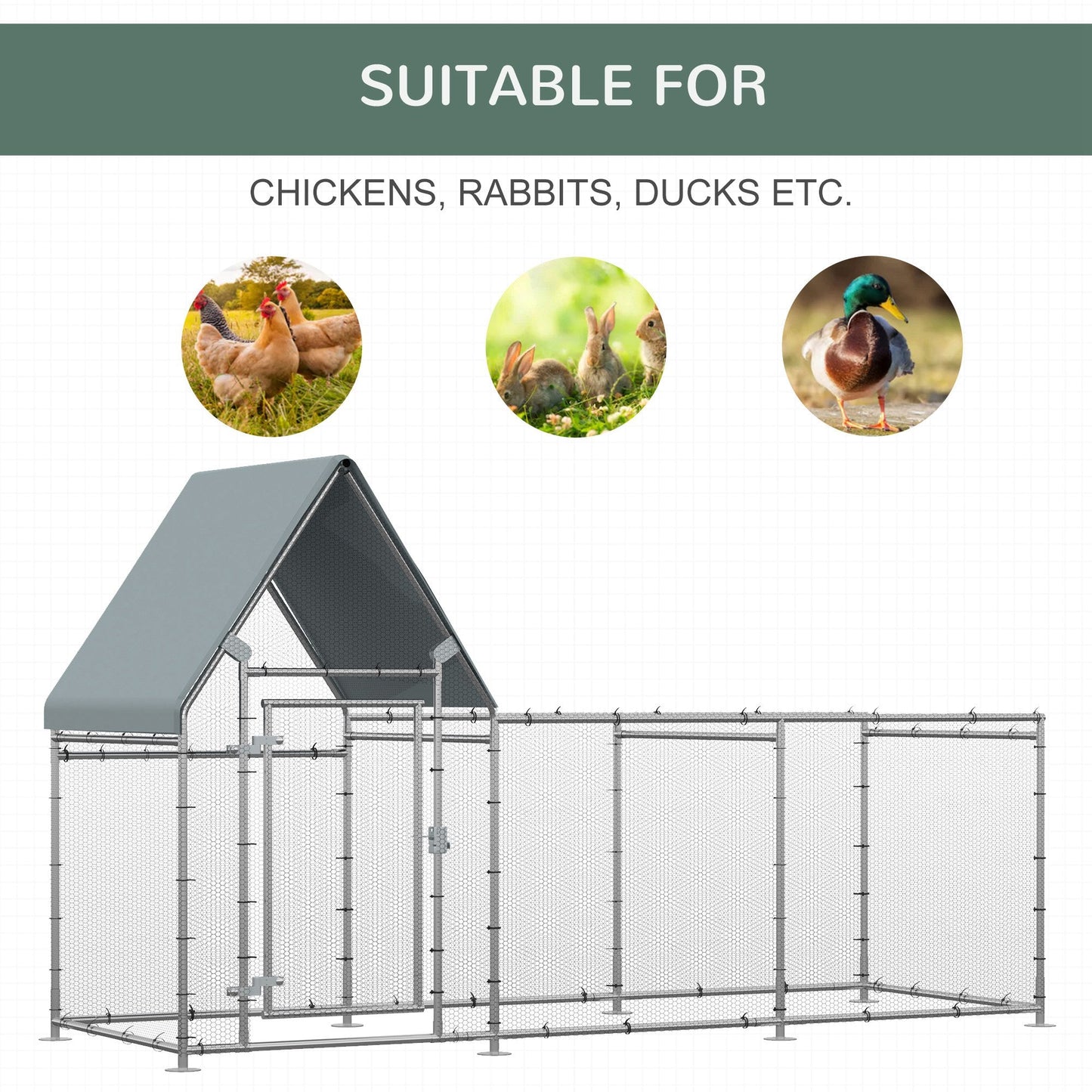 PawHut Walk In Chicken Run, Large Galvanized Chicken Coop, Hen Poultry House Cage, Rabbit Hutch Metal Enclosure with Water-Resist Cover