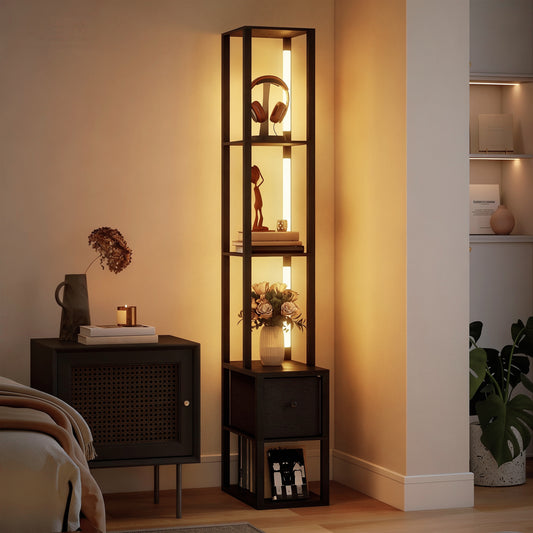 HOMCOM Floor Lamp with Shelves, LED Column Modern Standing Lamp with Fabric Drawer, Adjustable Brightness, Foot Switch for Living Room, Bedroom, Office, Black