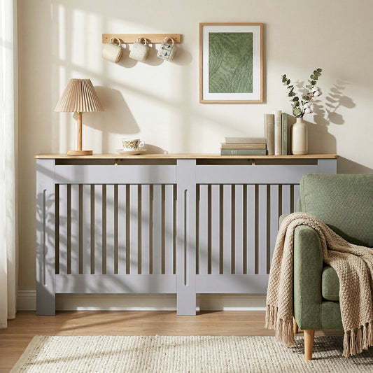 HOMCOM Slatted Radiator Cover, Painted Cabinet with Line Grill Design, 172L Ã 19W Ã 81H cm, Grey