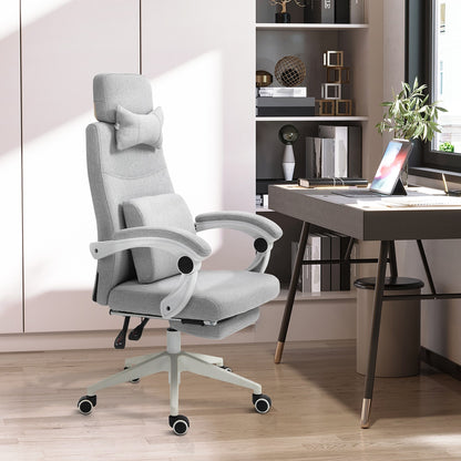 Vinsetto Home Office Chair w/ Manual Footrest Recliner Padded Modern Adjustable Swivel Seat w/ 2 Pillows Armrest Ergonomic Grey