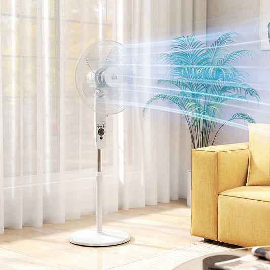 HOMCOM 18" Pedestal Fan with Sleep Mode, Oscillating Standing Fan with 3 Modes, Remote Control, Adjustable Height, White