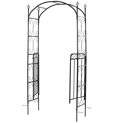 Outsunny Garden Decorative Metal Arch with Gate Outdoor Patio Trellis Arbor for Climbing Plant Archway Antique Black - 108L x 45W x 215Hcm