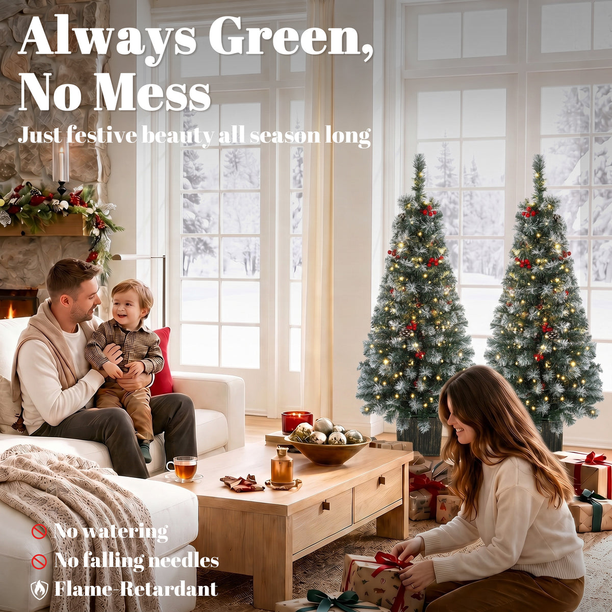 HOMCOM 4ft Pre-Lit Slim Artificial Christmas Tree Set of 2, with 100 Dual-Colour LED Lights, 140 Frosted Branch Tips