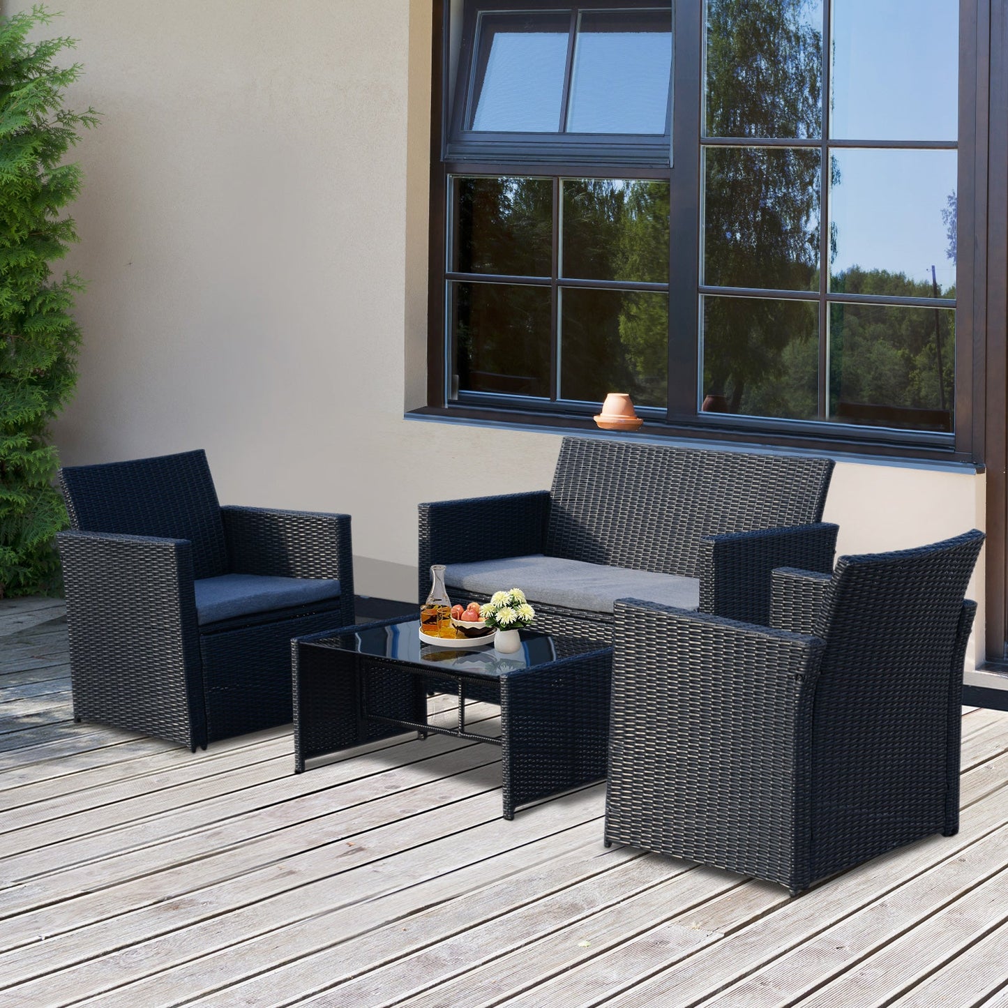 Outsunny 4 Pieces PE Rattan Garden Sofa Set with Cushions, Outdoor Patio Wicker Weave Conservatory Furniture Set with a Loveseat, 2 Armchairs and a Glass Top Coffee Table, Black