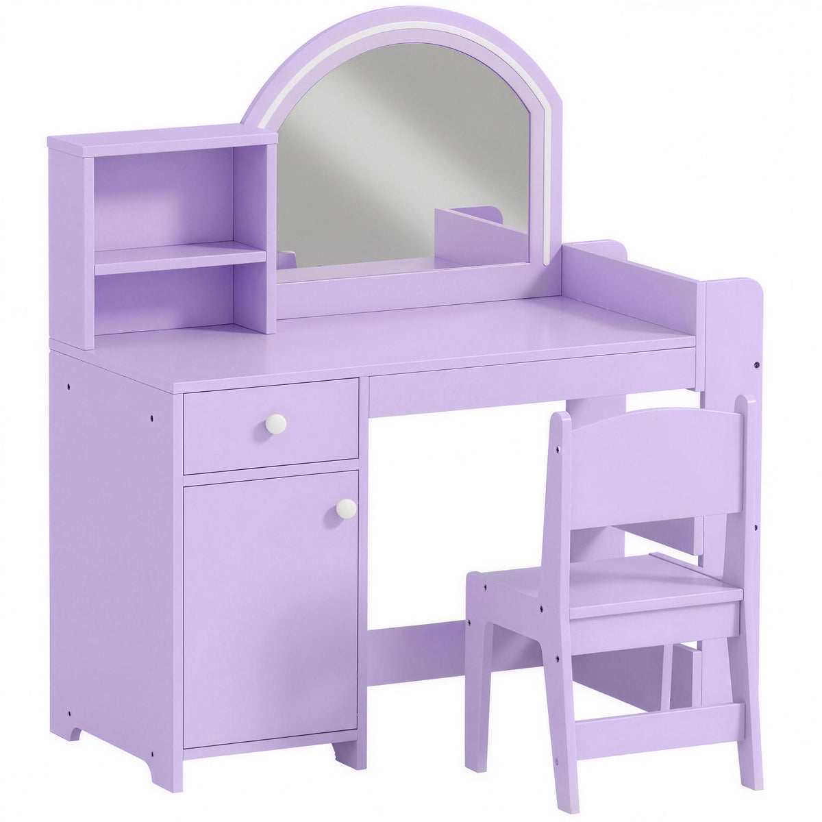 AIYAPLAY Kids Vanity Table and Chair Set, Kids Vanity Table with 2-Colour LED Mirror, Stool, Cabinet, Drawer, Shelves, Purple
