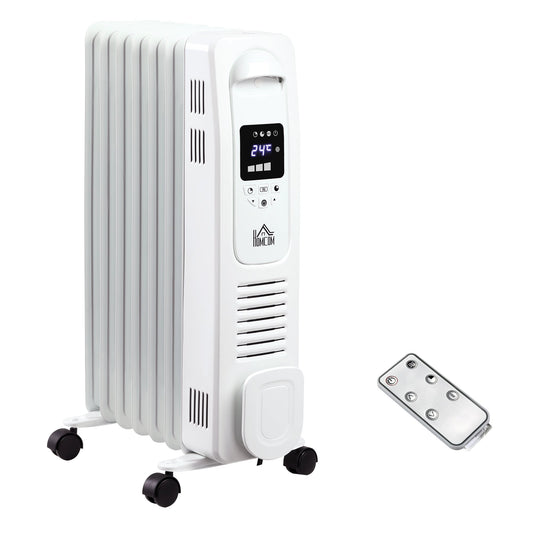 HOMCOM 1500W Cyfrowy Grzejnik Olejowy, 7 Żeberek, Przenośny Elektryczny Grzejnik z Wyświetlaczem LED, Wbudowanym Timerem, 3 Ustawienia Grzania, Wyłącznik Bezpieczeństwa i Pilot Zdalnego Sterowania, Biały