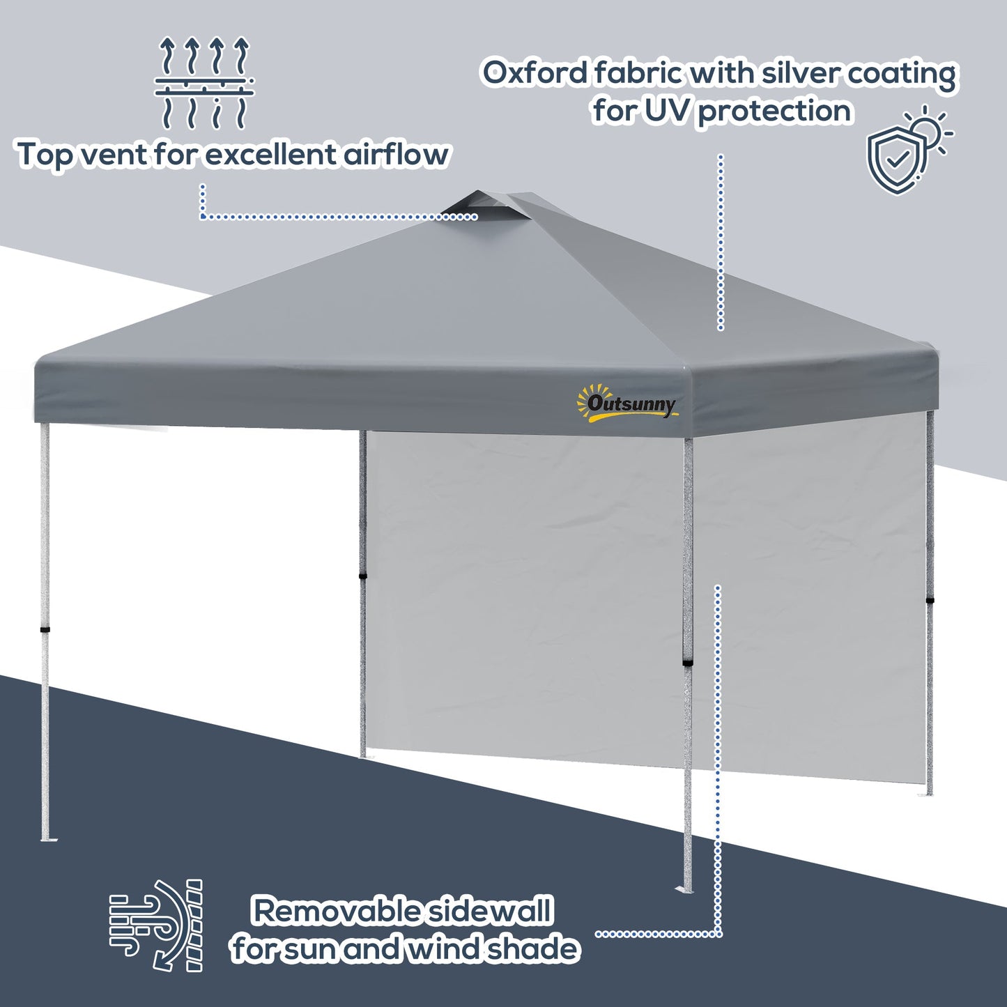 Outsunny 3x(3)M Pop Up Gazebo Tent with 1 Sidewall, Roller Bag, Adjustable Height, Event Shelter Tent for Garden, Patio, Grey