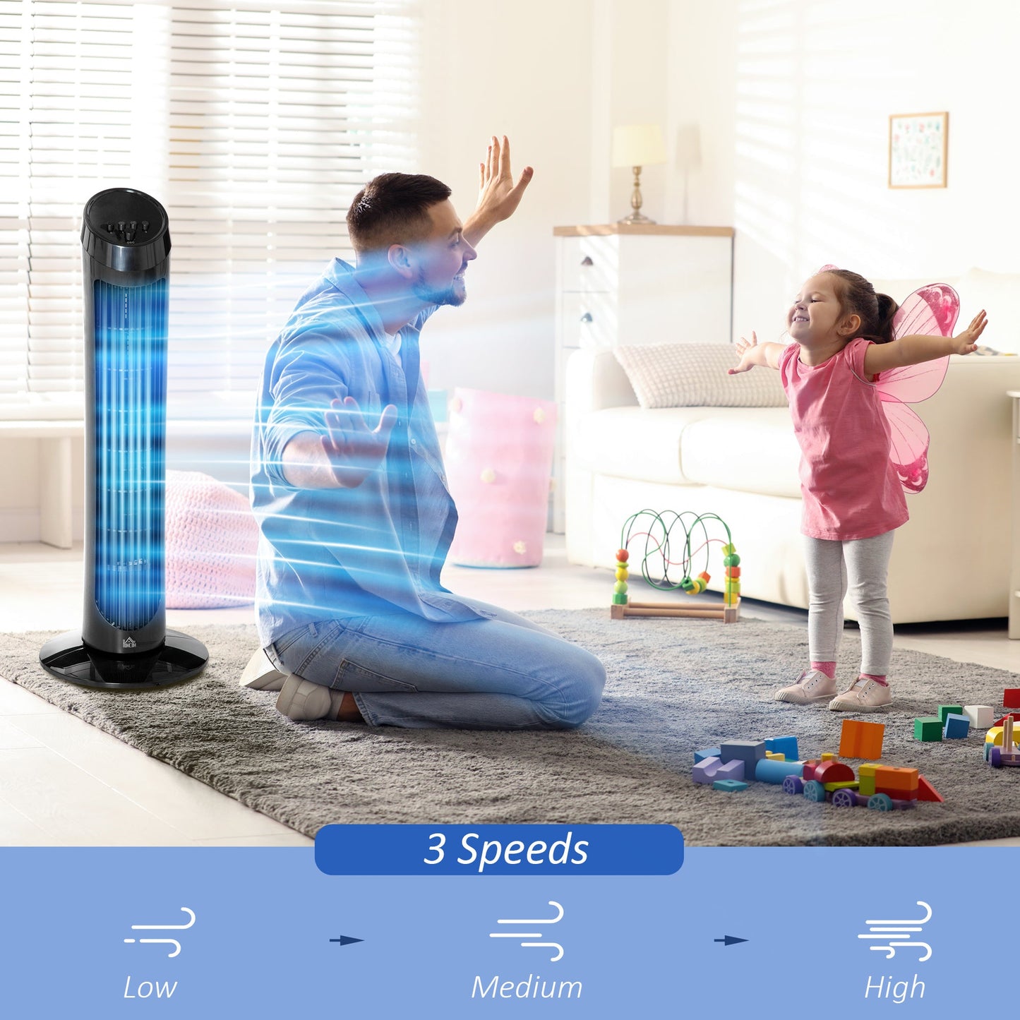 HOMCOM Tower Fan for Bedroom Cooling, 30 Inch Electric 70 Oscillating Fan with 3 Speed Settings, Standing Floor Fan for Home Office Indoor, Black