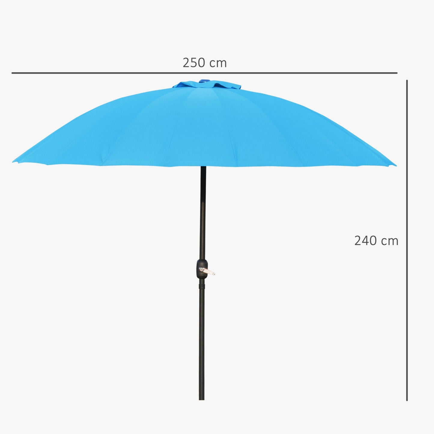 مظلة حديقة Outsunny مقاس Ф255cm مظلة طاولة مع زر ضغط وساعد مائل وأضلاع للحديقة والحديقة الخلفية وحمام السباحة باللون الأزرق