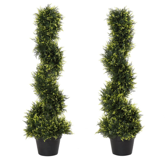 Outsunny Set Of 2 Artificial Tree 90cm/3FT Artificial Spiral Topiary Trees w/ Pot Fake Indoor Outdoor Greenery Plant Home Office Garden Décor Green