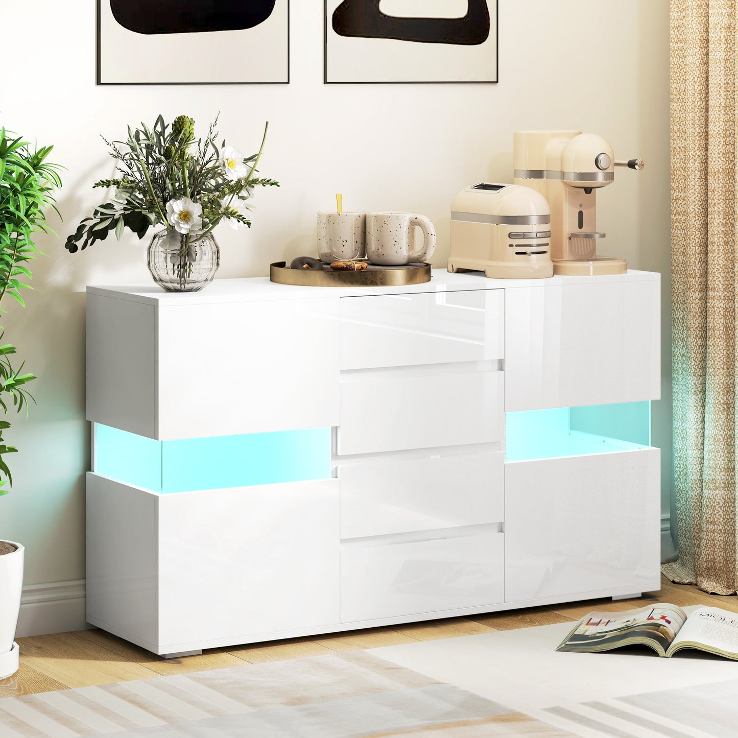HOMCOM LED Light Sideboard - High Gloss White