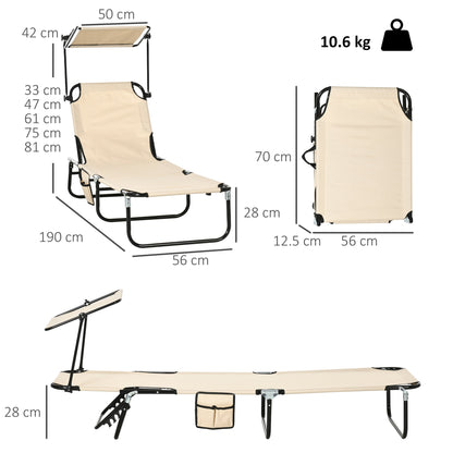 Outsunny 2 Piece Folding Sun Loungers with Canopy, Adjustable Recliner Garden Chairs with Side Pocket, Steel Frame and Breathable Mesh for Outdoor, Pool, Beach, Garden, Tan Brown