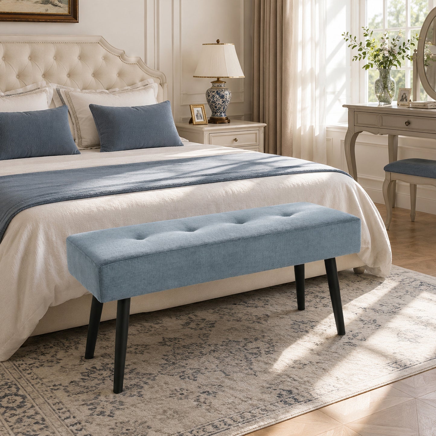 HOMCOM Upholstered Bedroom Entryway Bench, Modern Corduroy Tufted End of Bed Bench with Padded Seat and Steel Legs, Blue