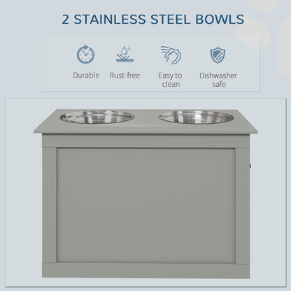 PawHut Raised Dog Bowls, with Storage, Two Stainless Steel Bowls, Elevated Base - Grey