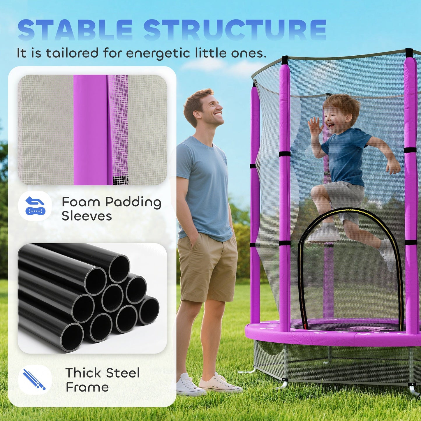 AIYAPLAY 4.6ft Toddler Trampoline w/ Safety Enclosure Net, for Indoor Outdoor Use, Ages 3-6 Years, Purple