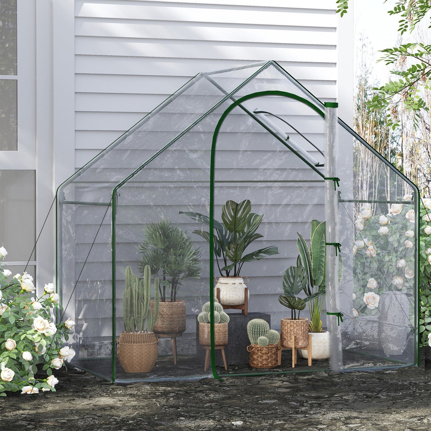 Outsunny Walk In Tomato Greenhouse Garden Outdoor Mini Greenhouse Flower Planter Steel Frame with Zipped Door & Window, PVC Cover, 180 x 100 x 168CM, Clear