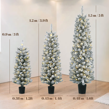 HOMCOM Prelit Snowy Flocked Artificial Christmas Tree Set of 3, Slim Xmas Tree with PVC Tips, 3FT+4FT+5FT