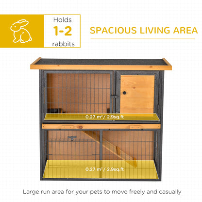 PawHut Guinea Pig Hutch Rabbit Hutch Wood-metal Elevated Pet House Bunny Cage with No-Leak Tray Ramp Openable Roof Outdoor 89.5 x 45 x 81cm Light Yellow