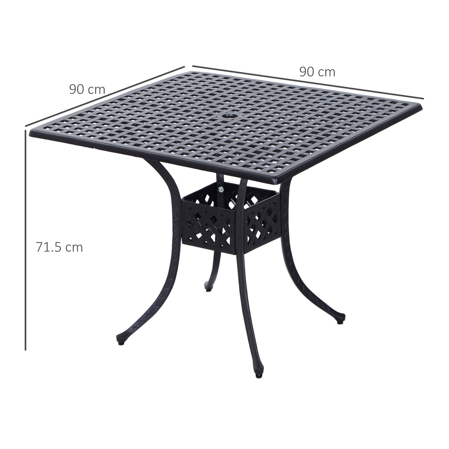Outsunny 90cm kwadratowy stół ogrodowy z otworem na parasol, aluminiowy motyw siatki, stół jadalny na zewnątrz do ogrodu na patio, czarny