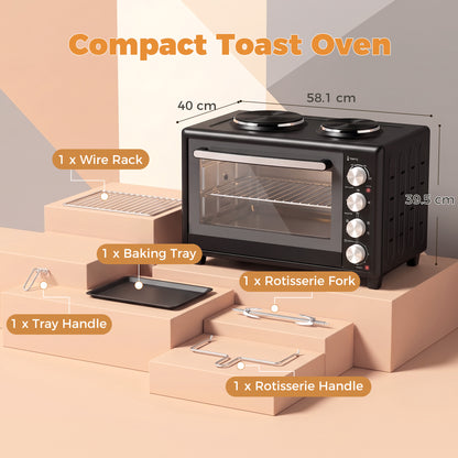 HOMCOM 46L Mini Oven with Dual Hot Plates, Electric Countertop Cooker with Convection, 90-230°C Adjustable Temperature