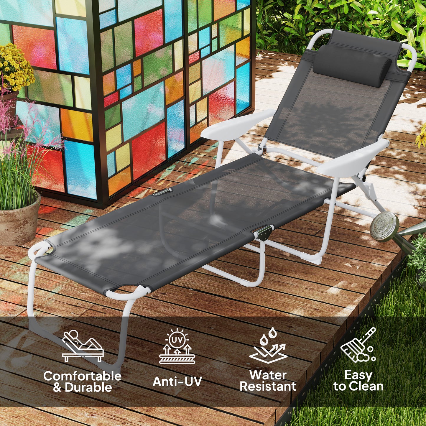 Fotel składany Outsunny z oparciem i zagłówkiem regulowanym w 4 poziomach - Charcoal Grey
