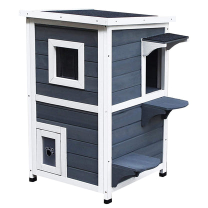 PawHut Wooden Cat House 2-Floor Outdoor Kitten Shelter with Window Grey