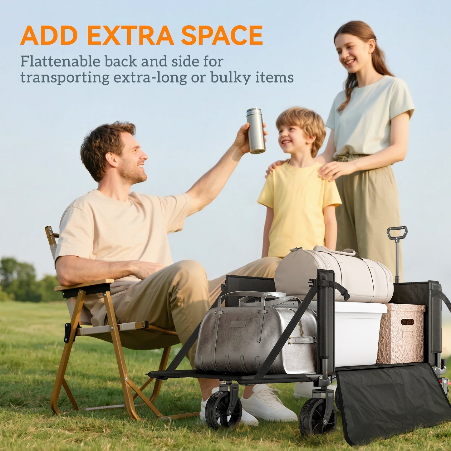 Outsunny Festival Trolley on Wheels, 150L Folding Camping Trolley Cart with Openable Sides, Adjustable Handle and Brakes for Shopping Beach Garden Fishing, Black