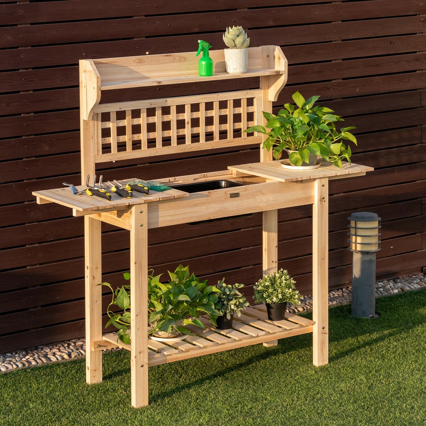 Wood Garden Work Bench with Removable Bowl & Sliding Tabletop