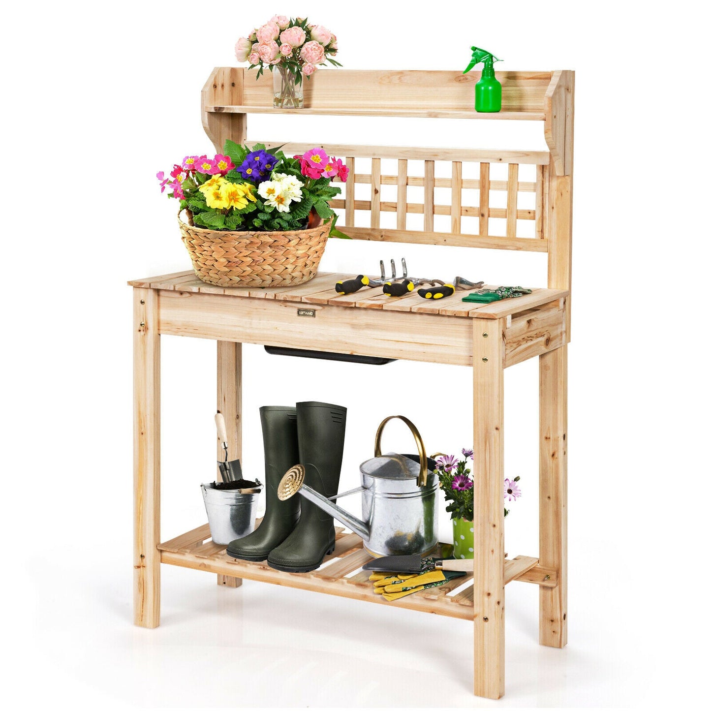 Wood Garden Work Bench with Removable Bowl & Sliding Tabletop